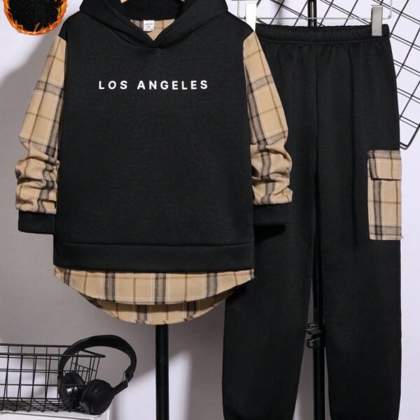 SHEIN Tween Boy 2-Piece Outfit - Hooded Sweatshirt With Plaid Panel & Matching Sweatpants, Suitable For Winter Coats And Winter Clothes