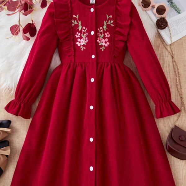 SHEIN Tween Girl Floral Embroidery Button Front Long Sleeve Pleated Casual Dress