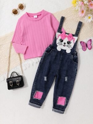 2pcs/Set Young Girl Elegant & Sweet Solid Color Jacquard Top & Butterfly Embroidery 3D Cartoon Cat Decor Jeans, Soft & Comfortable Breathable