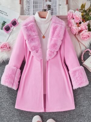 Tween Girls Vintage Warm Solid Color Fluffy Cardigan Jacket For Autumn And Winter