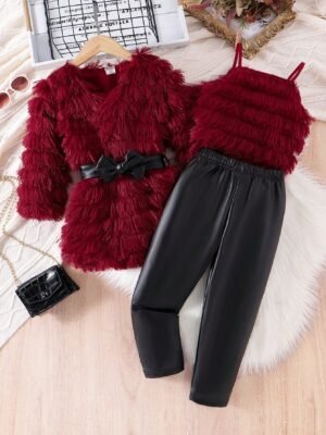SHEIN 3pcs/Set Young Girl Fashion Furry Brown Elegant Camisole, Pants And Comfortable Jacket Set