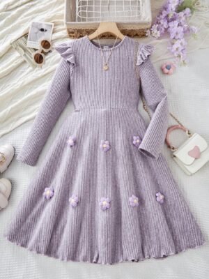 Tween Girl Floral Applique Ruffle Hem Long Sleeve Casual Dress, Suitable For Outdoor, Travel And Daily Wear