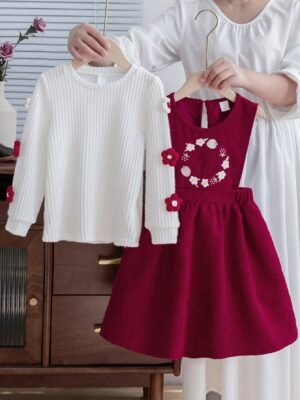 SHEIN Vintaside Kids 2pcs/Set Young Girls Floral Decor Round Neck Long Sleeve Top And Overall Dress, Cute Autumn/Winter Outfit