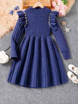 Ribbed Swing A-Line Sweater Dress With Studded Decor Cap Sleeve, Casual Outdoor Wear For Autumn And Winter
