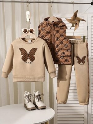 SHEIN 3pcs/Set Young Girl Fashionable Casual Outfit, Including Hooded Vest, Round Neck Sweatshirt, And Matching Sweatpants, Autumn/Winter