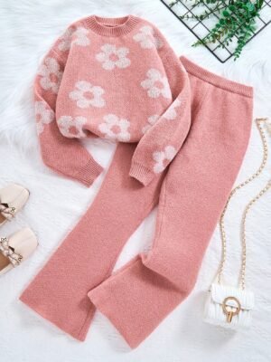 SHEIN Tween Girl Casual Floral Jacquard Oversized Pullover Sweater And Wide Leg Pants 2pcs Set, Suitable For Indoor And Outdoor, Pink, Autumn/Winter