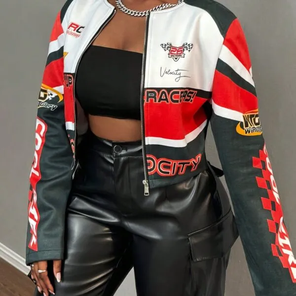 SHEIN Slayr Autumn And Winter Casual Street Motorcycle Contrast Printed Long-Sleeved Truncated PU All-Over Printed Jacket Women's Jacket-H
