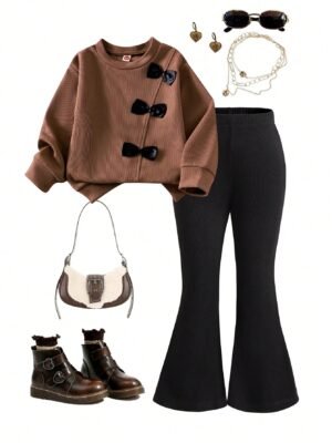 Young Girl Coffee Brown Knit Patchwork Long Sleeve Sweatshirt With Bow Accent, Solid Color Flared Pants Retro Comfortable Outfit, Autumn