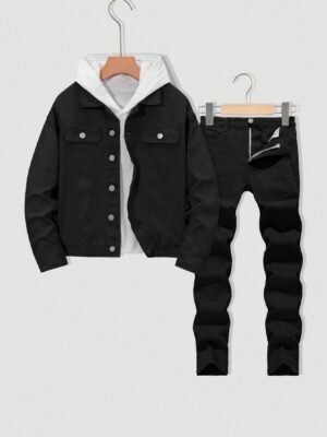 SHEIN Tween Boy Fashion Casual Black Comfortable Boys Thanksgiving Outfit With Elastic Skinny Jeans For Boys Costume Dailywear And Fall/Winter Kids Clothes This Product Is A Single Item And Does Not Include Denim Jackets And Other Jackets