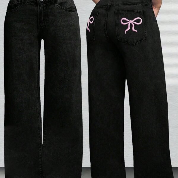 Tween Girl's Oversized Casual Denim Wide Leg Pants With Bow & Graphic Print