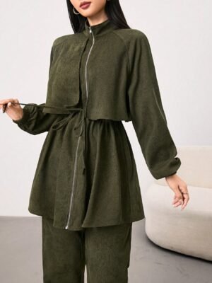 SHEIN Mulvari 2pcs Women Zipper Front Long Sleeve Jacket And Dress Set 2 Piece Set