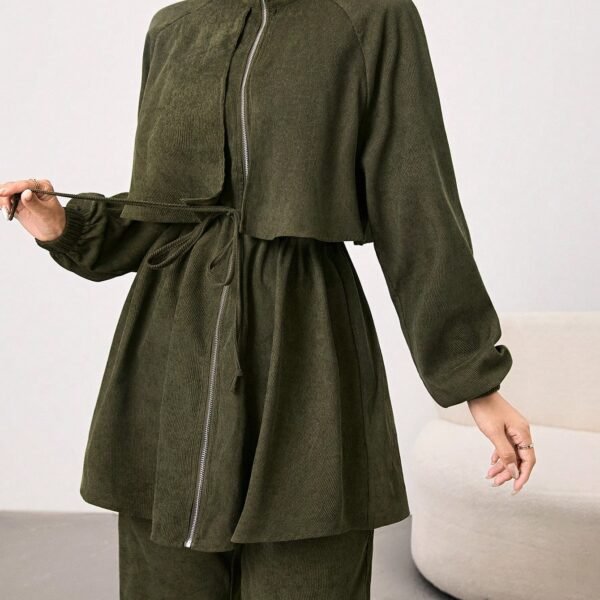 SHEIN Mulvari 2pcs Women Zipper Front Long Sleeve Jacket And Dress Set 2 Piece Set