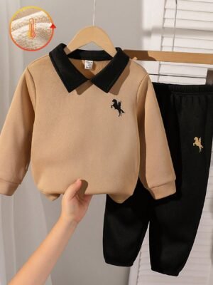 2pcs Young Boy Casual Graphic Print Patchwork Polo Neck Loose Sweatshirt And Drawstring Elastic Waist Relaxed Pants Set, Suitable For School, Garden, Beach, Birthday, Spring, Summer, Autumn, Winter