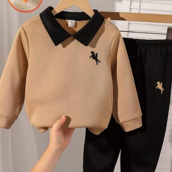 2pcs Young Boy Casual Graphic Print Patchwork Polo Neck Loose Sweatshirt And Drawstring Elastic Waist Relaxed Pants Set, Suitable For School, Garden, Beach, Birthday, Spring, Summer, Autumn, Winter