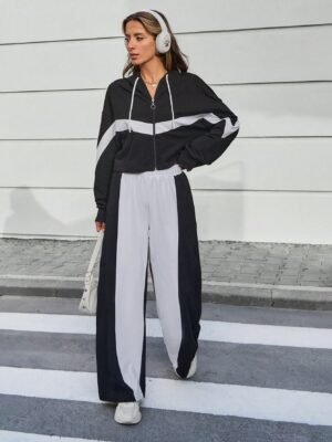 SHEIN Women Hooded Crop Zip Up Sweatshirt And Wide Leg Sweatpant