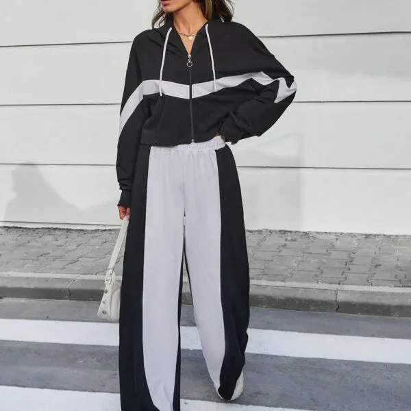 SHEIN Women Hooded Crop Zip Up Sweatshirt And Wide Leg Sweatpant