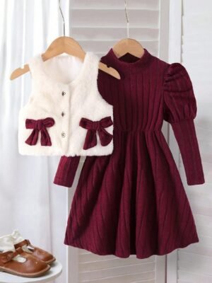 Young Girls Elegant High Neck Puff Sleeve Waist Cinch Solid Fuzzy Textured Dress And Short Round Neck Fluffy Bow Decor Gilet Autumn/Winter Set