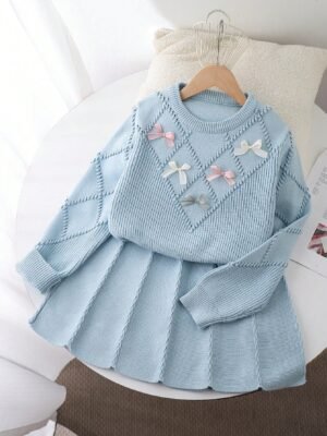 2pcs/Set Tween Girls Winter Knit Sets, Cute Bow Accent Blue Sweater And Knit Skirt
