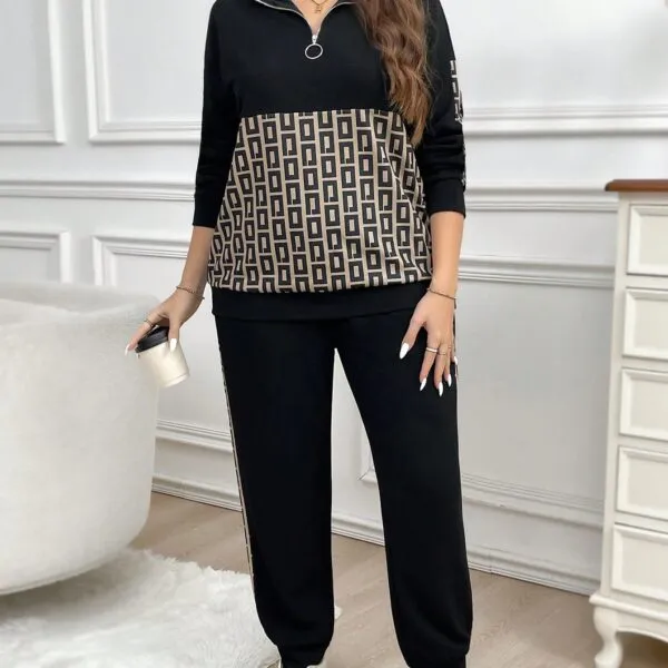 SHEIN LUNE Plus Size Women Color Block Zip-Up Knit Top & Casual Commuter 2 Piece Set Thanksgiving Outfit Women New Years Women Outfit Winter Dresses Winter Clothes Women Rave Outfits New Years Women Outfit Winter Coat Women Winter Clothes Women Tracksuit