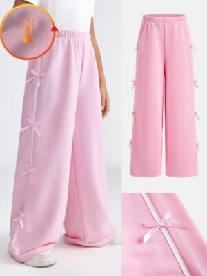 SHEIN Tween Girls' Casual Elastic Waist Contrast Piping Bow Side Loose Wide Leg Sweatpants