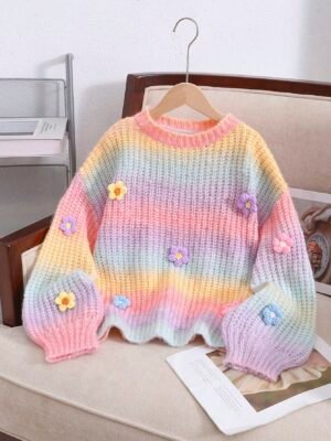 Tween Girls' Colorful Contrast Floral 3D Decoration Loose Casual Pullover Sweater, Gradient Color