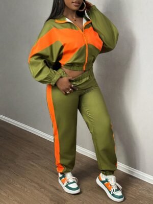 SHEIN Slayr New Casual Sports Lapel + Stand Collar Zipper Loose Top + Leggings Trousers Contrasting Color Women's Two-Piece Set-E