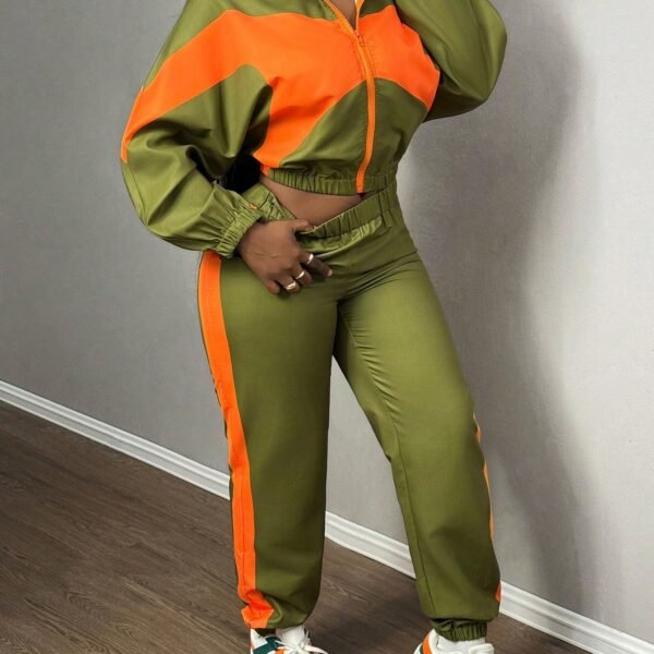 SHEIN Slayr New Casual Sports Lapel + Stand Collar Zipper Loose Top + Leggings Trousers Contrasting Color Women's Two-Piece Set-E