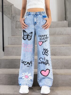 Streecool Kids Tween Girls Y2K Style Cartoon Butterfly, Letter, Heart Graffiti Print, Straight Loose Fit Comfortable Soft, Fashion Street Casual Girls Jeans