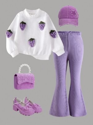 Young Girl Set Waffle Knit Strawberry Decor Top + Flared Long Pants, Sweet Lovely Casual Outfit For Spring/Autumn