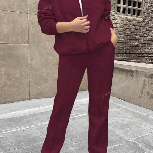Fashion Solid Color Minimalist Hoodie & Straight Leg Pants 2-Piece Outfit, Suitable For Spring, Autumn & Winter