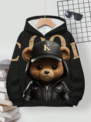 SHEIN Tween Boy Casual Loose Comfortable Cool Motorcycle Punk Bear Graphic Print Long Sleeve Hoodie Sweatshirt, Suitable For Autumn/Winter