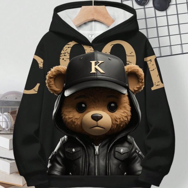 SHEIN Tween Boy Casual Loose Comfortable Cool Motorcycle Punk Bear Graphic Print Long Sleeve Hoodie Sweatshirt, Suitable For Autumn/Winter