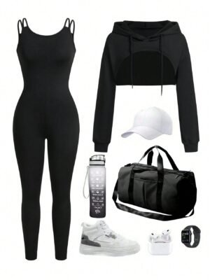 Women Solid Color Hooded Long Sleeve Pullover Sweatshirt And Adjustable Strap Jumpsuit Activewear Set