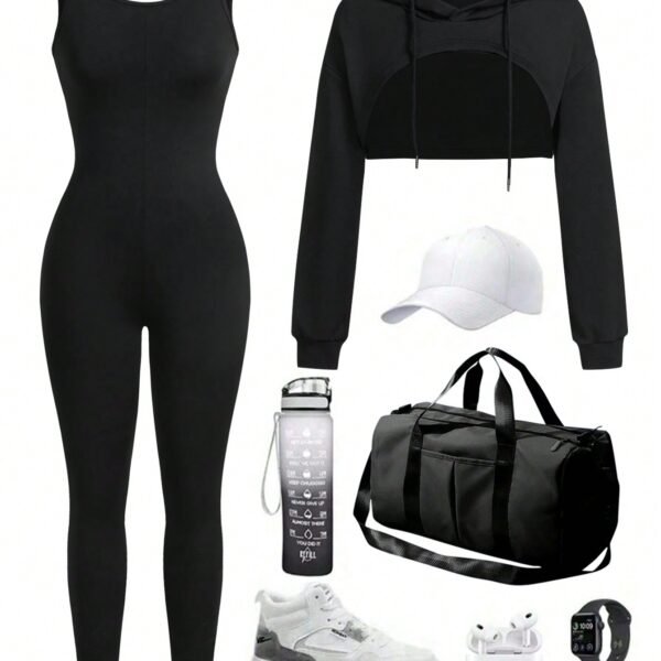 Women Solid Color Hooded Long Sleeve Pullover Sweatshirt And Adjustable Strap Jumpsuit Activewear Set