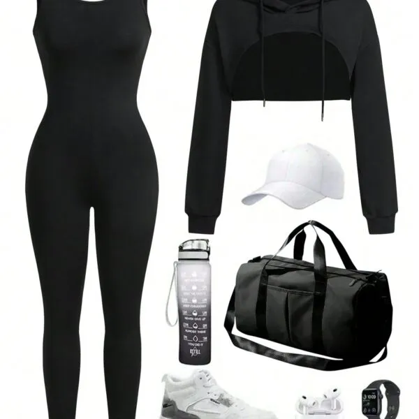 Women Solid Color Hooded Long Sleeve Pullover Sweatshirt And Adjustable Strap Jumpsuit Activewear Set