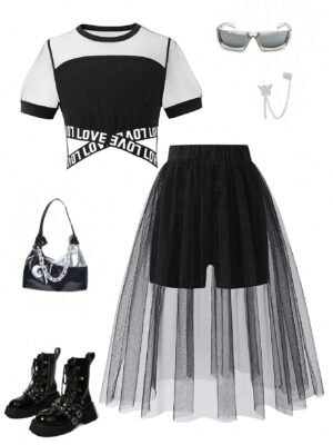 Big Girls Mesh Splice Criss-Cross Letter Elastic Short Sleeve Top And Solid Color Mesh Skirt Shorts Set