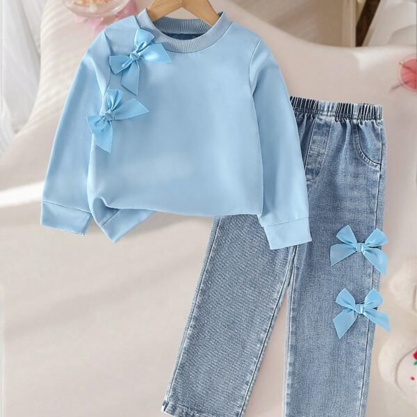 SHEIN Girls Cute Casual Fashion Round Neck Drop Shoulder Long Sleeve Loose Solid Bow Sweatshirt & Elastic Waist Straight Leg Denim Pants Set, Autumn