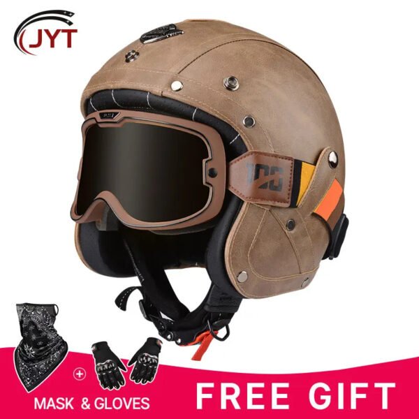 Open Face Helmet German Style Retro 3/4 Half Open Motorcycle Helmets with Goggles Men Leather Shell Safty Cap DOT