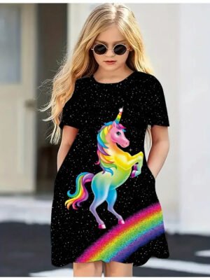 2024 New 3D Printed Dress Girl Summer Clothing Cartoon Unicorn Short Sleeve Princess Dress Comfortable Fabric