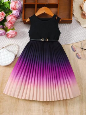 Young Girls Gradient Pleated Dress With Pit Strip And Patchwork Design On The Upper Body For Summer