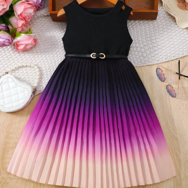 Young Girls Gradient Pleated Dress With Pit Strip And Patchwork Design On The Upper Body For Summer
