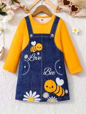 Cute Bee Print Suspender Spliced Dress For Girls, Round Neck Long Sleeve Casual Dress