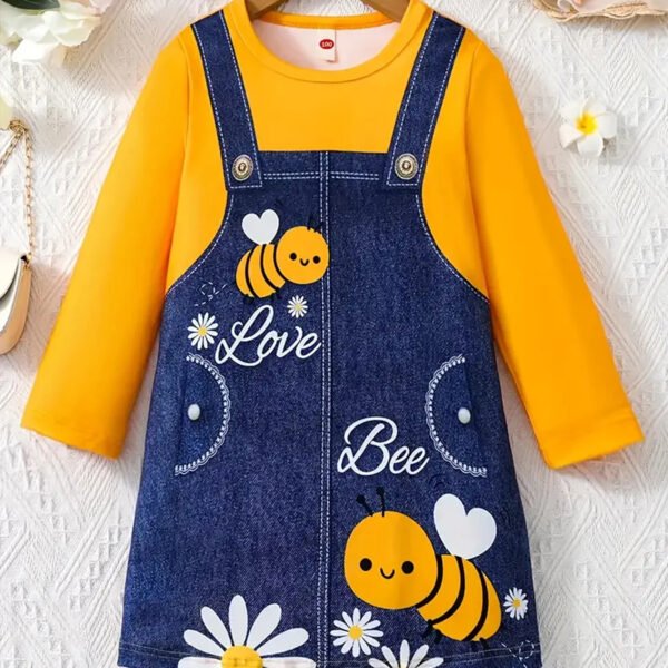 Cute Bee Print Suspender Spliced Dress For Girls, Round Neck Long Sleeve Casual Dress