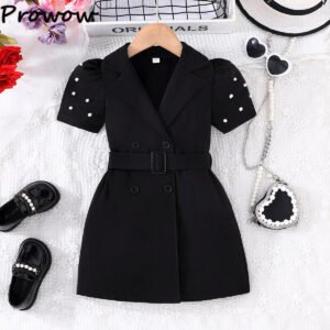 Prowow Children Party Dresses For Girls Belted Lapel Blazer Beading Girls Birthday Dress Summer Kids Clothes Girls Causal Dress