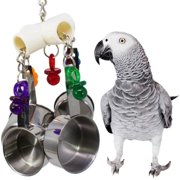 1pc Pet Bird Parrot Toy 4 Stainless Steel Pots String Bird Chewing Bite Toys Acrylic Cage Supplies Pets Bird Hanging Accessories
