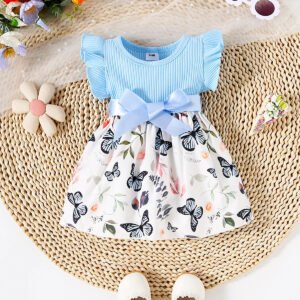 Baby Girl Butterfly and Plant Polka Dot Print Ruffle Sleeve Belt Dress + Ribbon