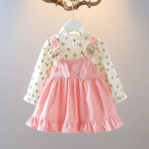 New Fall New Girls Dress Fake Two Upper Body Knitwear Suspenders Corduroy Floral Bear Fluffy Lace Pleated Sweet Princess Dress