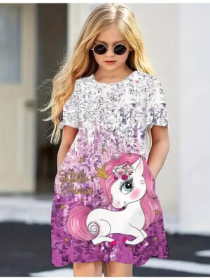 2024 New 3D Printed Dress Girl Summer Clothing Cartoon Unicorn Short Sleeve Princess Dress Comfortable Fabric