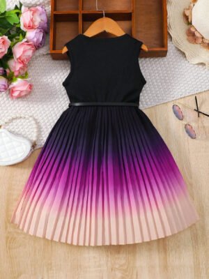 Young Girls Gradient Pleated Dress With Pit Strip And Patchwork Design On The Upper Body For Summer