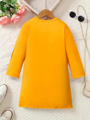 Cute Bee Print Suspender Spliced Dress For Girls, Round Neck Long Sleeve Casual Dress